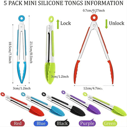 Mini Silicone-Tip Kitchen Tongs (5 Pack)